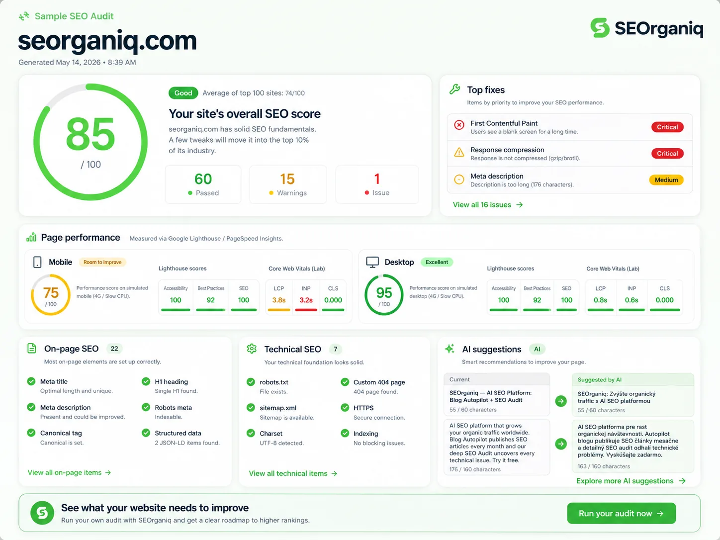 Ukážka SEO auditu — SEOrganiq Ukážka SEO auditu od SEOrganiq pre seorganiq.com — celkové SEO skóre, Core Web Vitals (mobile a desktop), on-page SEO, technické SEO a AI návrhy meta tagov